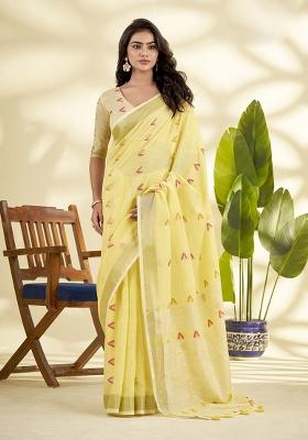 Yellow Woven Silk Saree Set