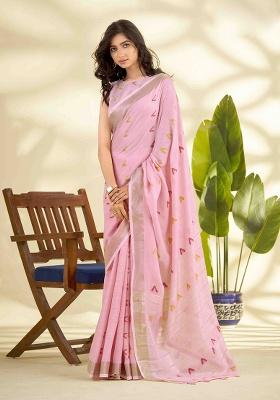 Pink Woven Silk Saree Set