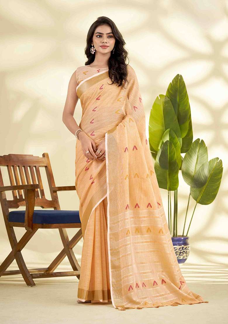 Orange Woven Silk Blend Saree Set - Indya