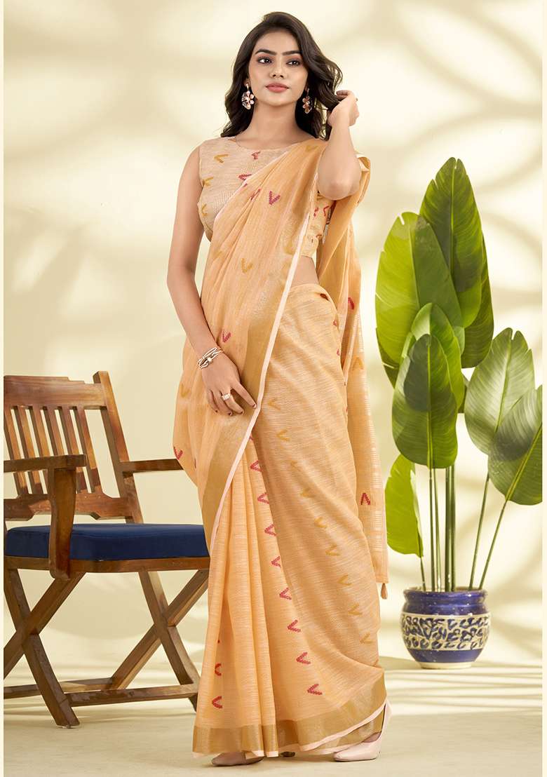 Orange Woven Silk Blend Saree Set - Indya
