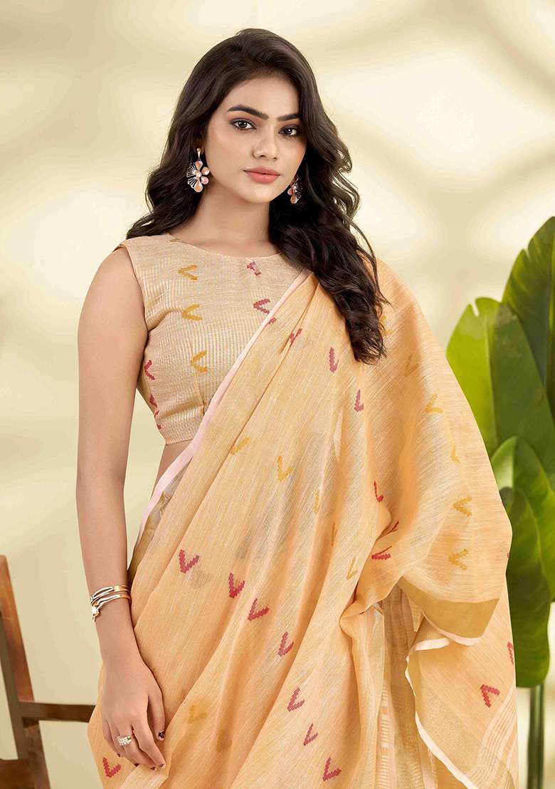Orange Woven Silk Blend Saree Set - Indya