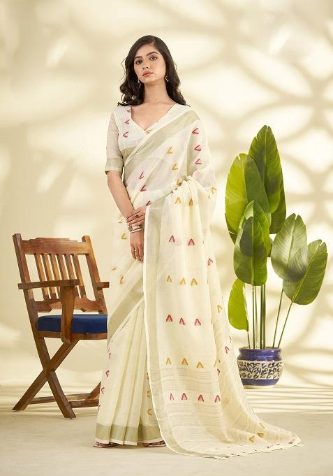 Cream Woven Silk Saree Set