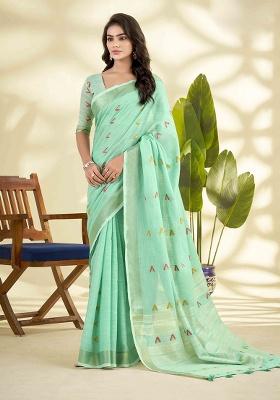 Turquoise Woven Silk Saree Set