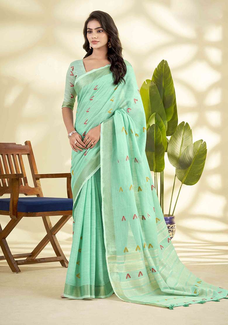 Turquoise Woven Silk Blend Saree Set - Indya