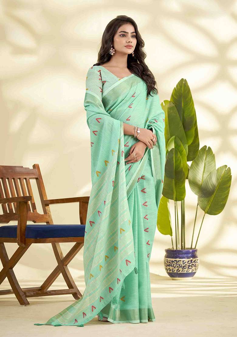 Turquoise Woven Silk Blend Saree Set - Indya