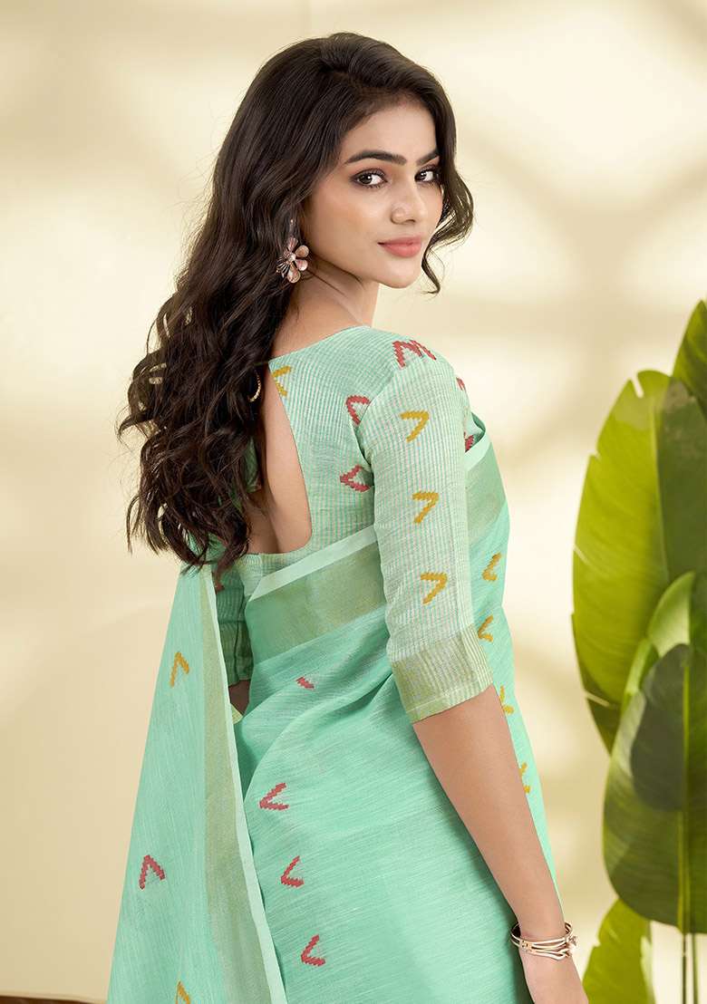 Turquoise Woven Silk Blend Saree Set - Indya