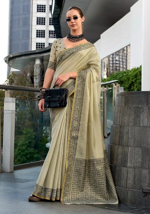 Khaki Woven Tissue Saree Set
