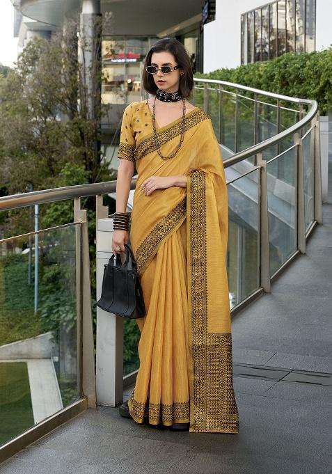 Mustard Woven Tissue Saree Set