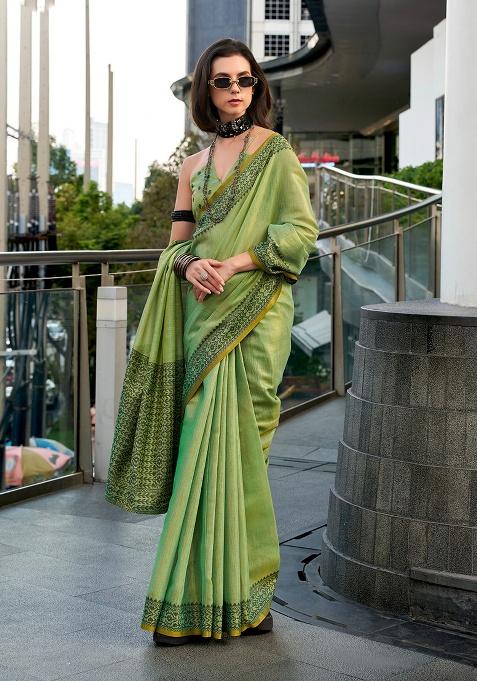 Green Woven Tissue Saree Set