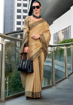 Beige Woven Tissue Saree Set