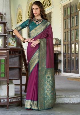 Wine Zari Woven Silk Saree Set