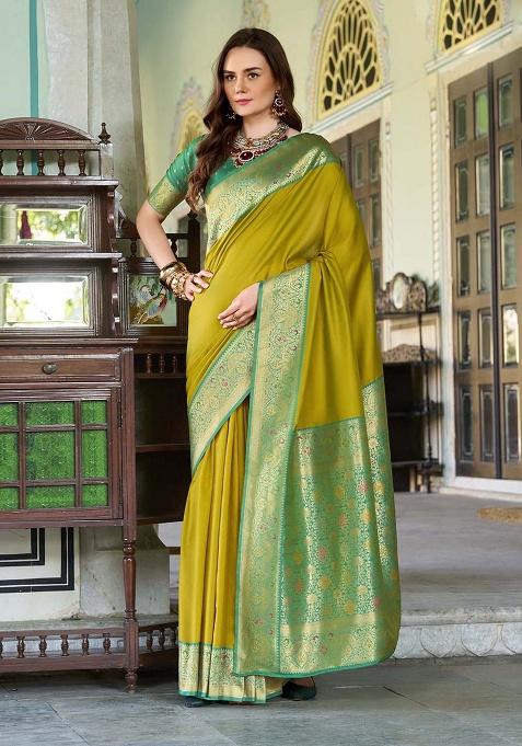 Neon Zari Woven Silk Saree Set