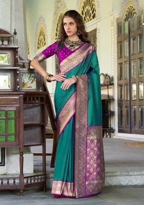 Dark Green Zari Woven Silk Saree Set