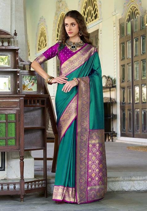 Dark Green Zari Woven Silk Saree Set