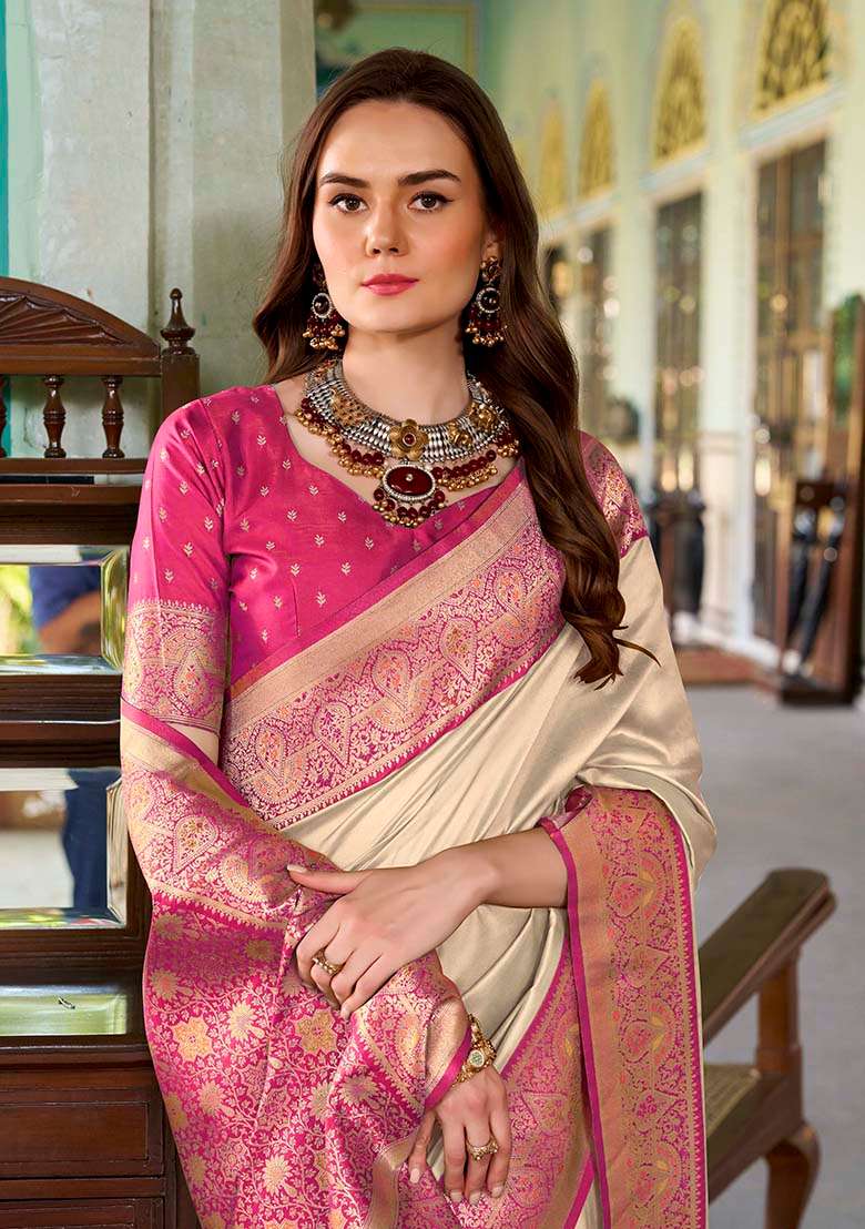 Beige Zari Woven Silk Blend Saree Set - Indya