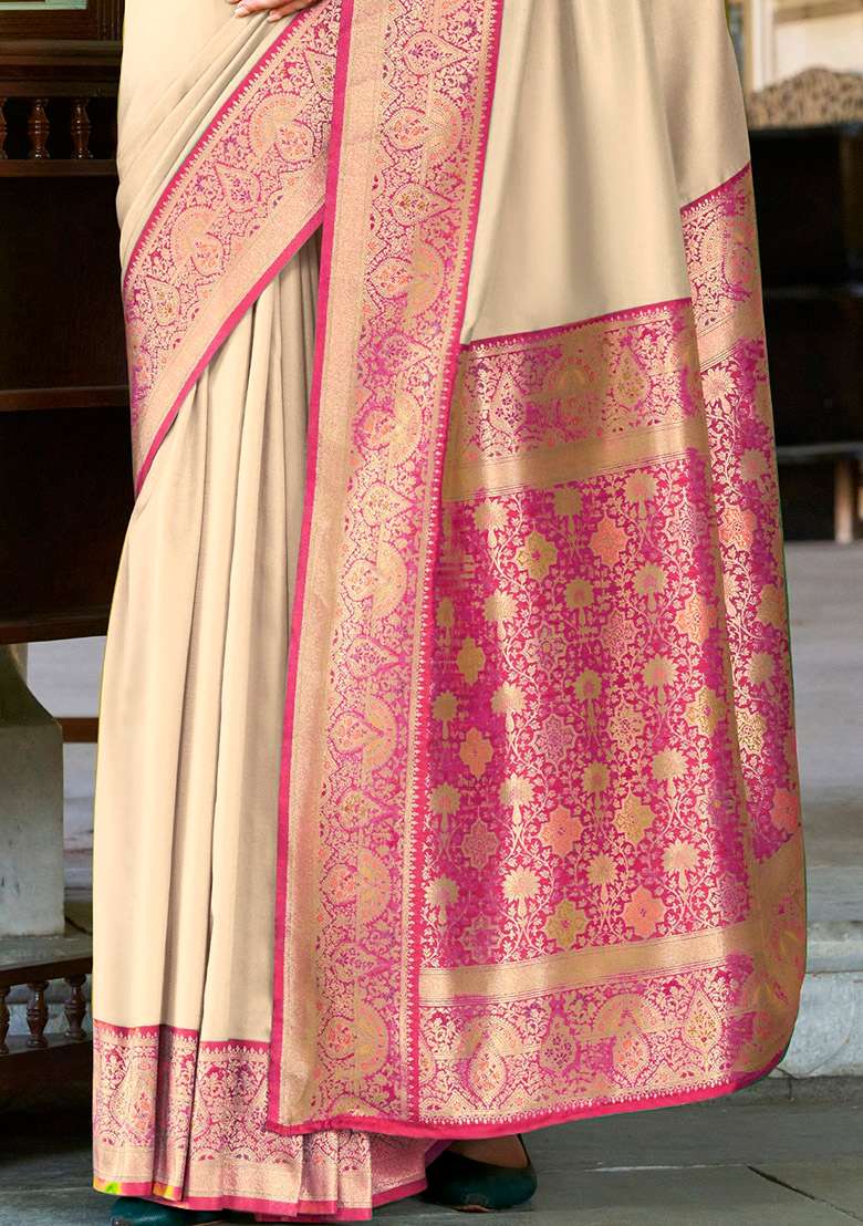 Beige Zari Woven Silk Blend Saree Set - Indya