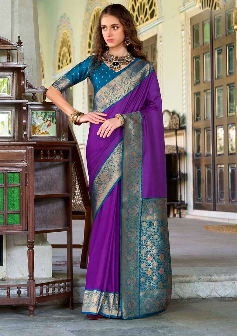Purple Zari Woven Silk Blend Saree Set - Indya