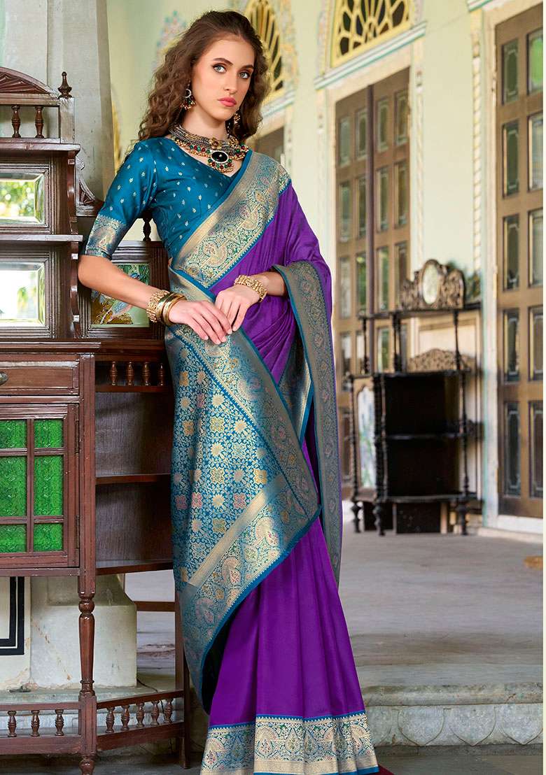 Purple Zari Woven Silk Blend Saree Set - Indya