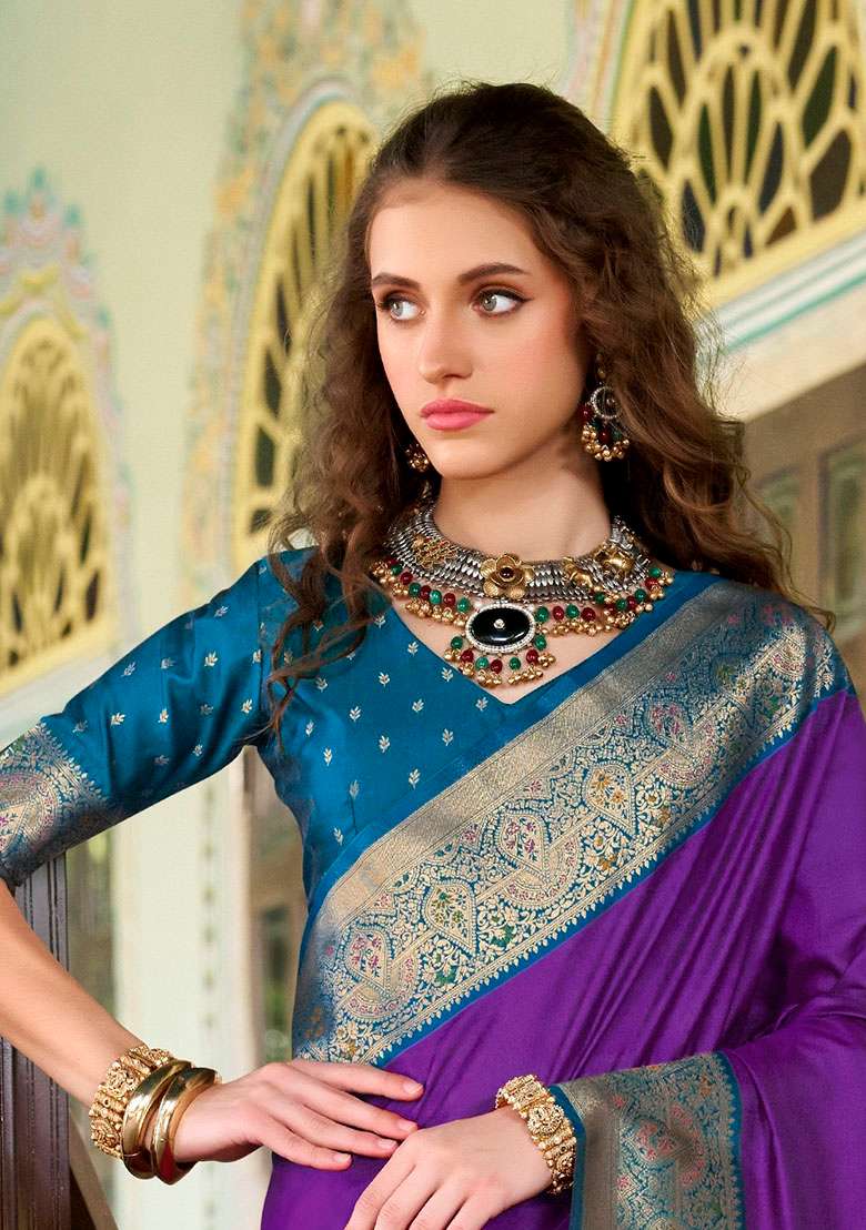 Purple Zari Woven Silk Blend Saree Set - Indya