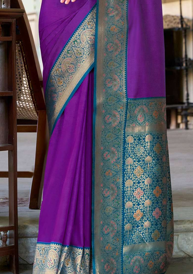 Purple Zari Woven Silk Blend Saree Set - Indya
