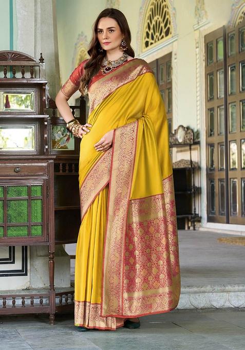 Yellow Zari Woven Silk Saree Set