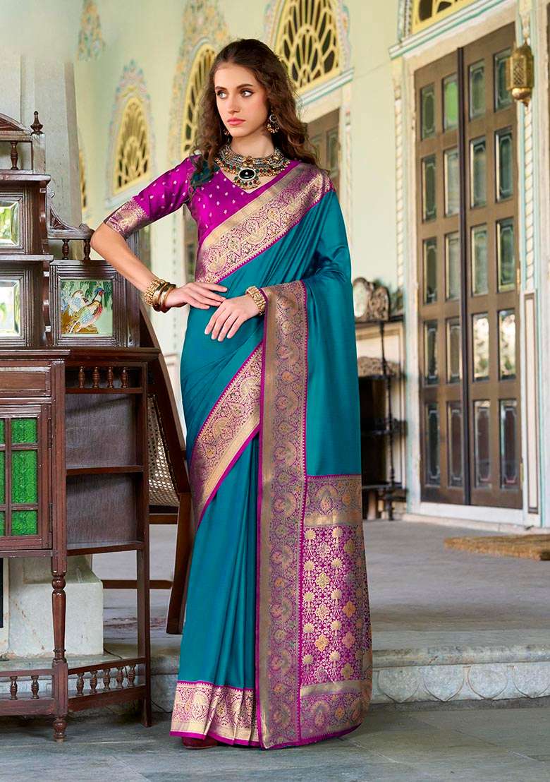 Teal Zari Woven Silk Blend Saree Set - Indya