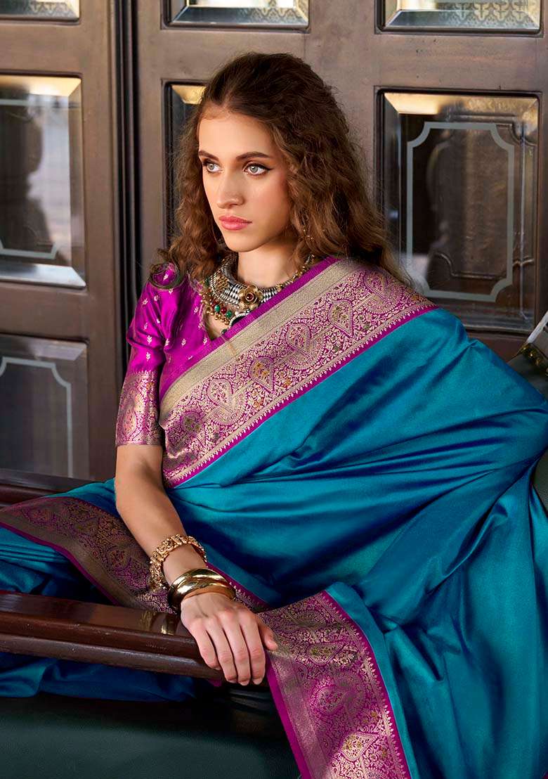 Teal Zari Woven Silk Blend Saree Set - Indya