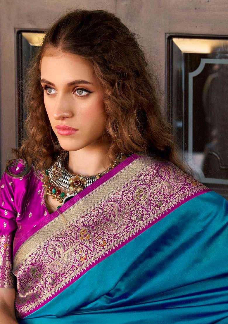 Teal Zari Woven Silk Blend Saree Set - Indya