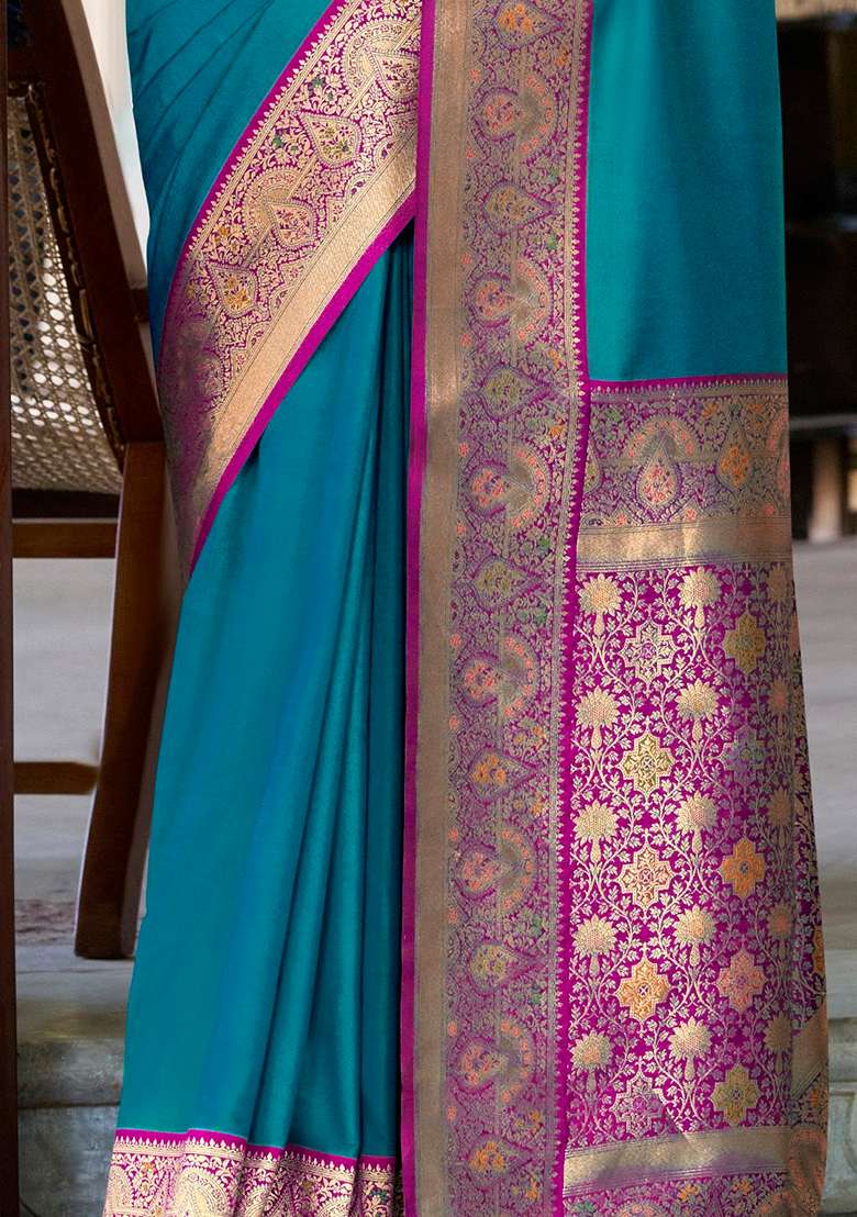 Teal Zari Woven Silk Blend Saree Set - Indya