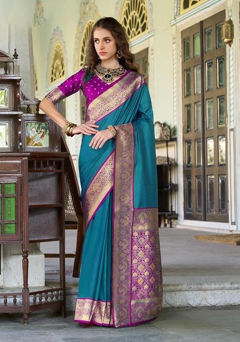Teal Zari Woven Silk Saree Set