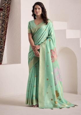Sea Green Jacquard Linen Saree Set