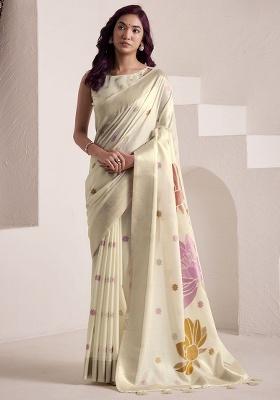 Cream Jacquard Linen Saree Set
