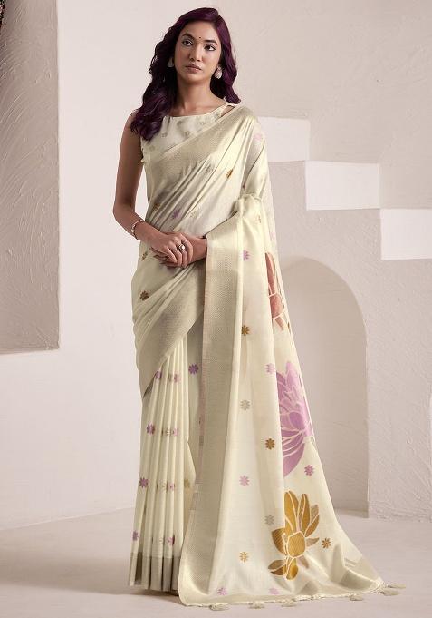 Cream Jacquard Linen Saree Set