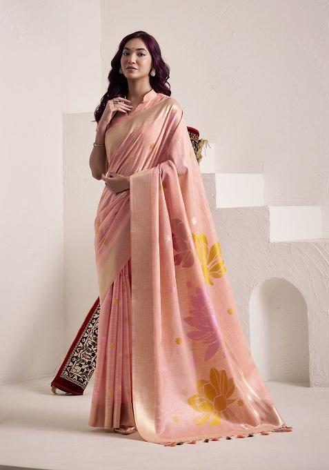 Peach Jacquard Linen Saree Set