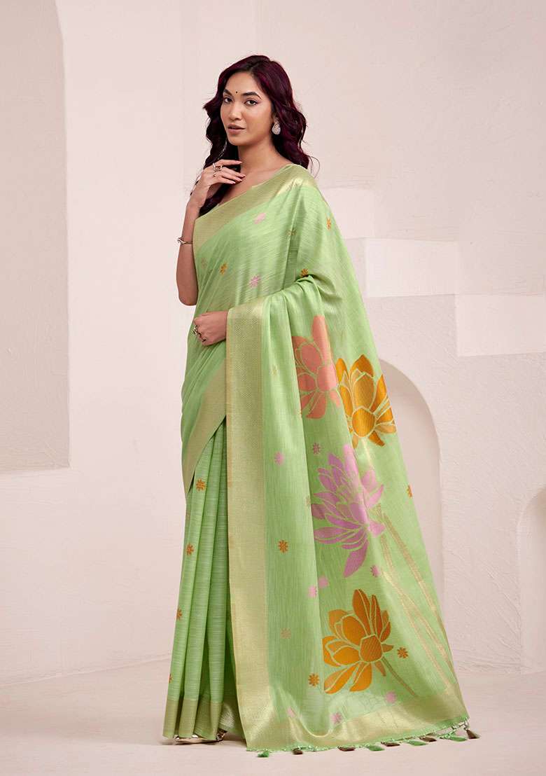 Pista Jacquard Linen Saree Set - Indya