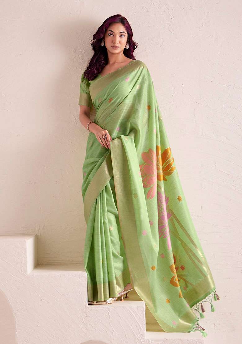 Pista Jacquard Linen Saree Set - Indya