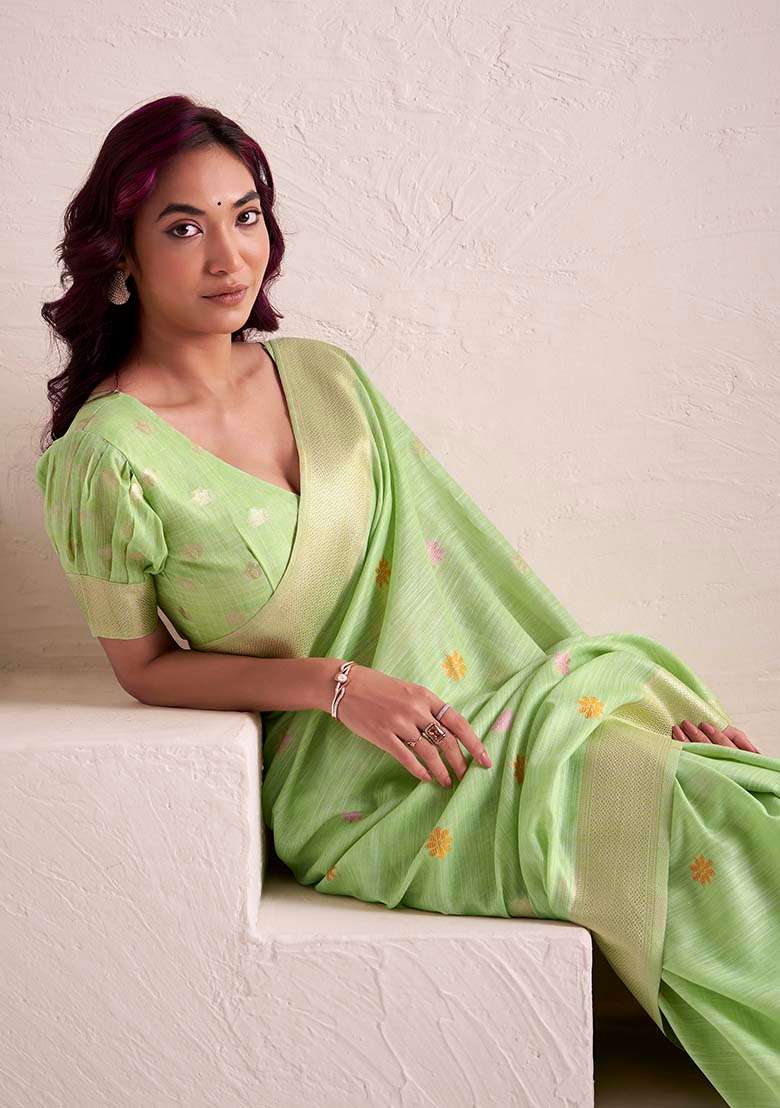 Pista Jacquard Linen Saree Set - Indya