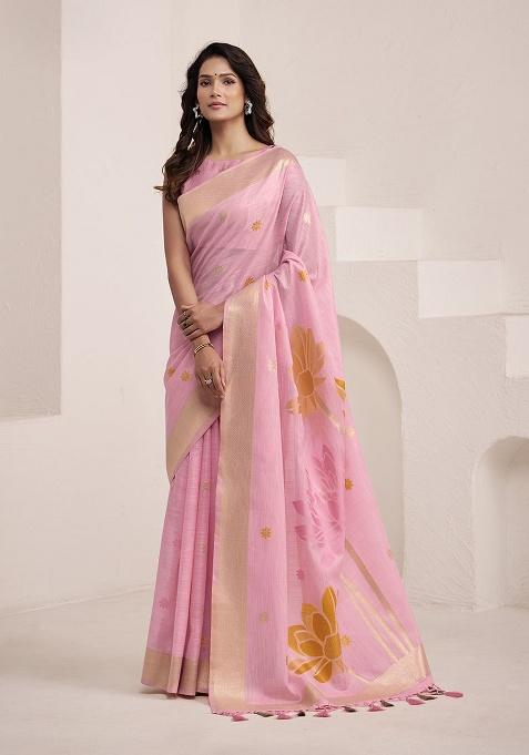 Pink Jacquard Linen Saree Set
