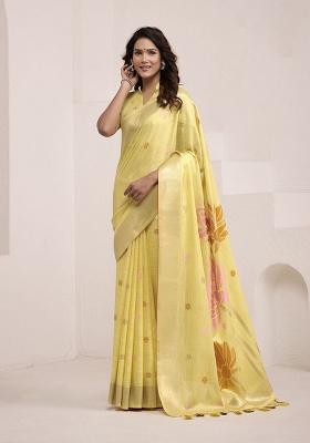 Yellow Jacquard Linen Saree Set