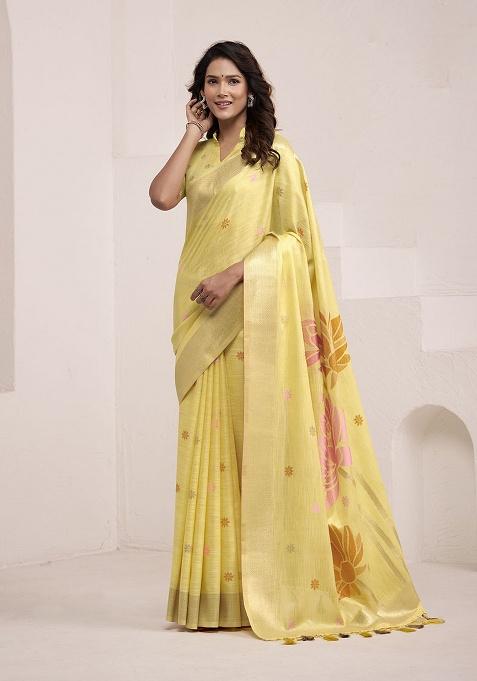 Yellow Jacquard Linen Saree Set
