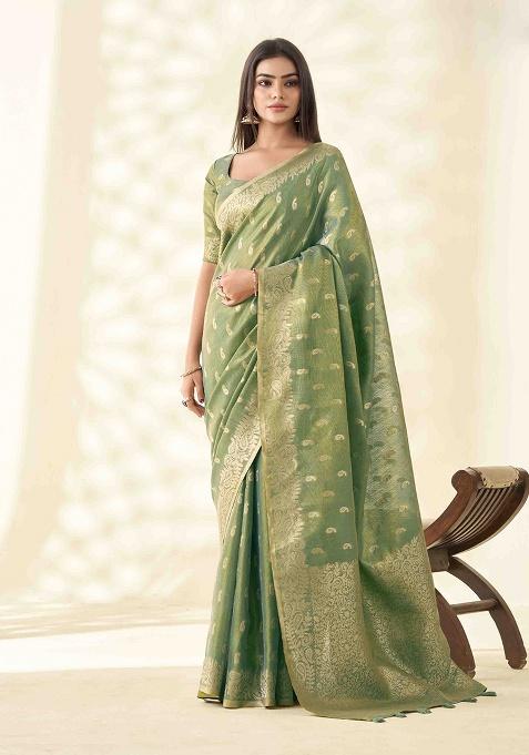 Green Zari Woven Tissue Saree Set