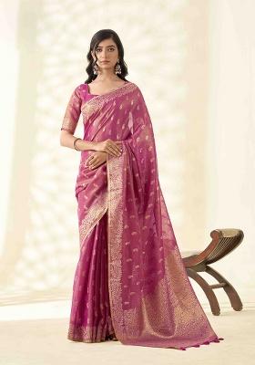 Rani Pink Zari Woven Tissue Saree Set