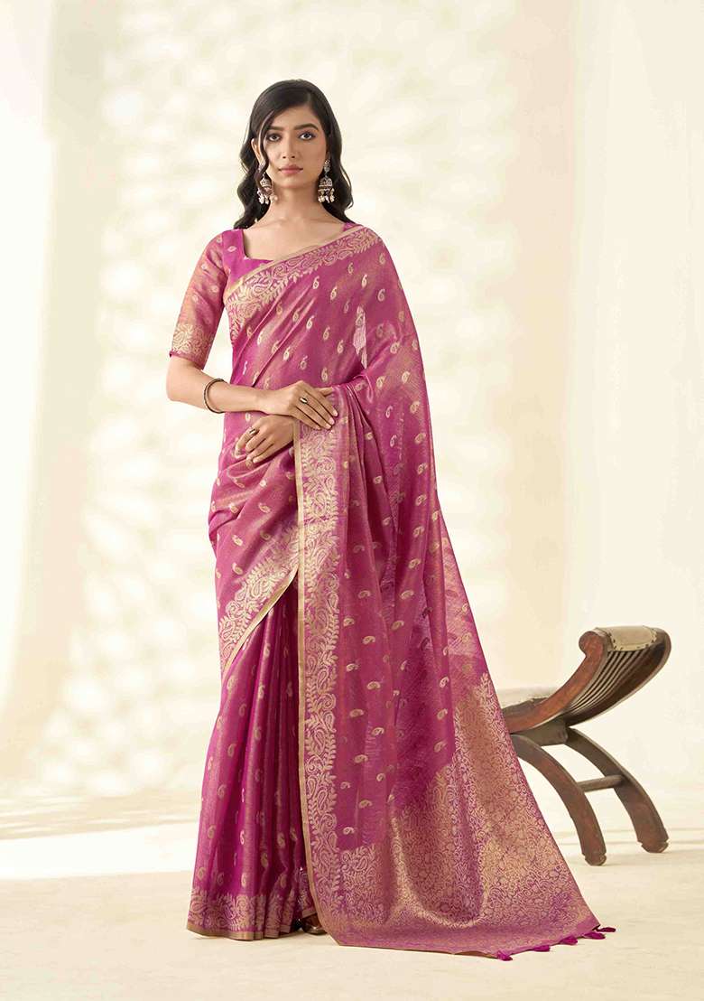 Rani Pink Zari Woven Tissue Saree Set - Indya
