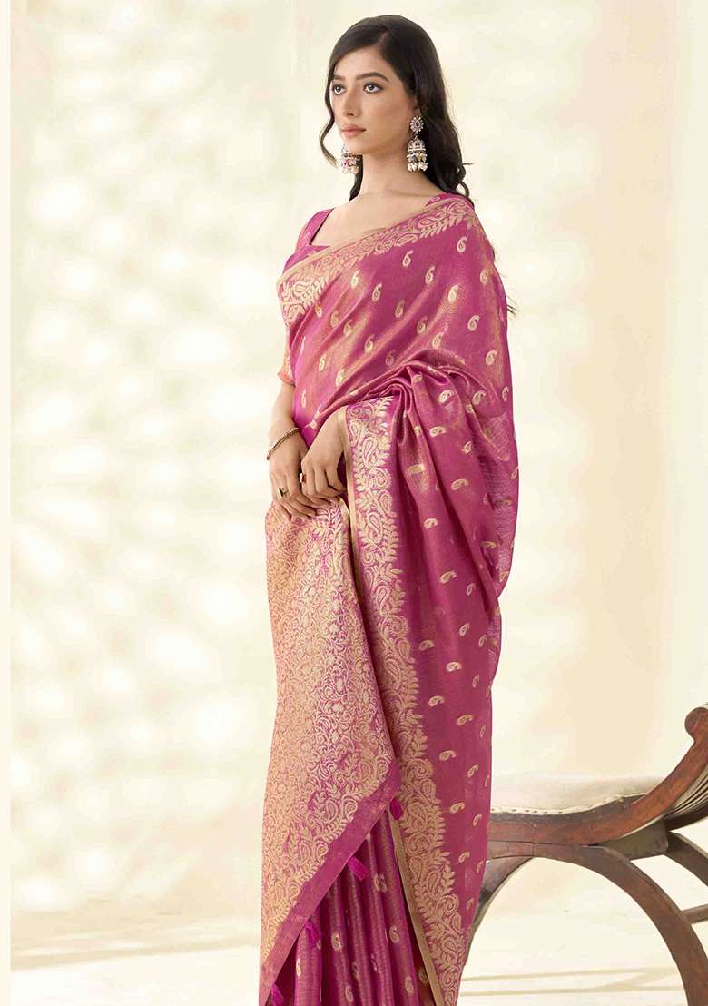 Rani Pink Zari Woven Tissue Saree Set - Indya
