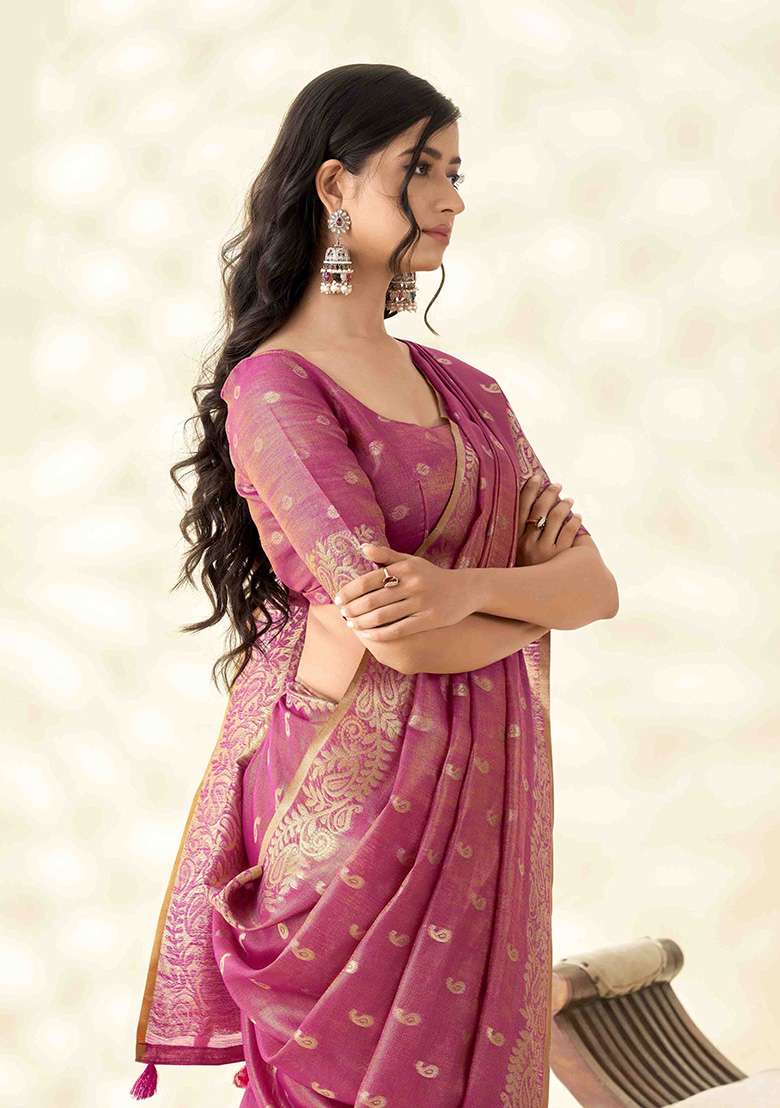 Rani Pink Zari Woven Tissue Saree Set - Indya