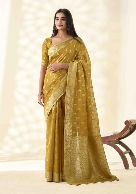 Mustard Zari Woven Tissue Saree Set