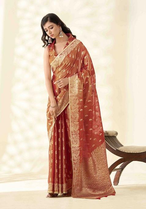 Rust Zari Woven Tissue Saree Set