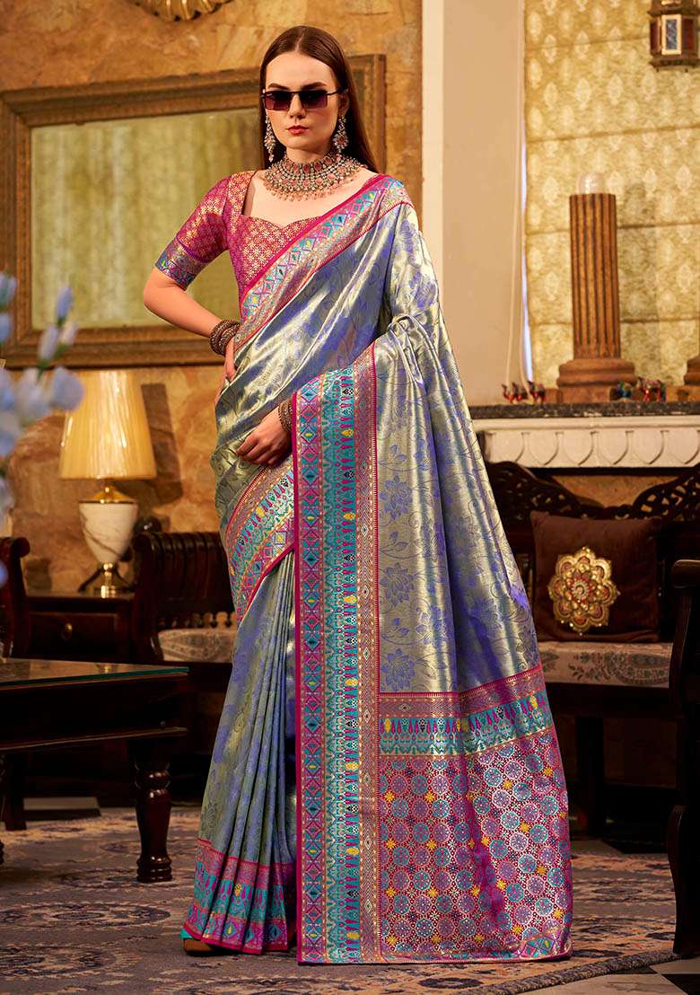 Blue Zari Woven Silk Saree Set - Indya