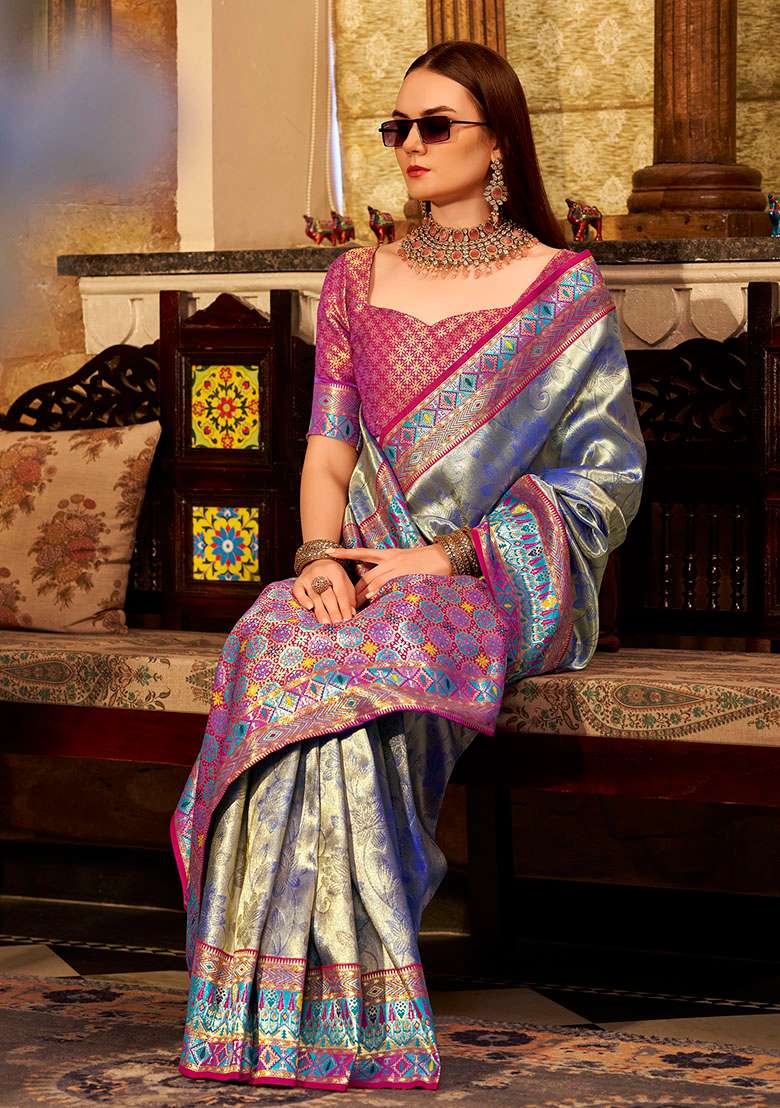 Blue Zari Woven Silk Saree Set - Indya