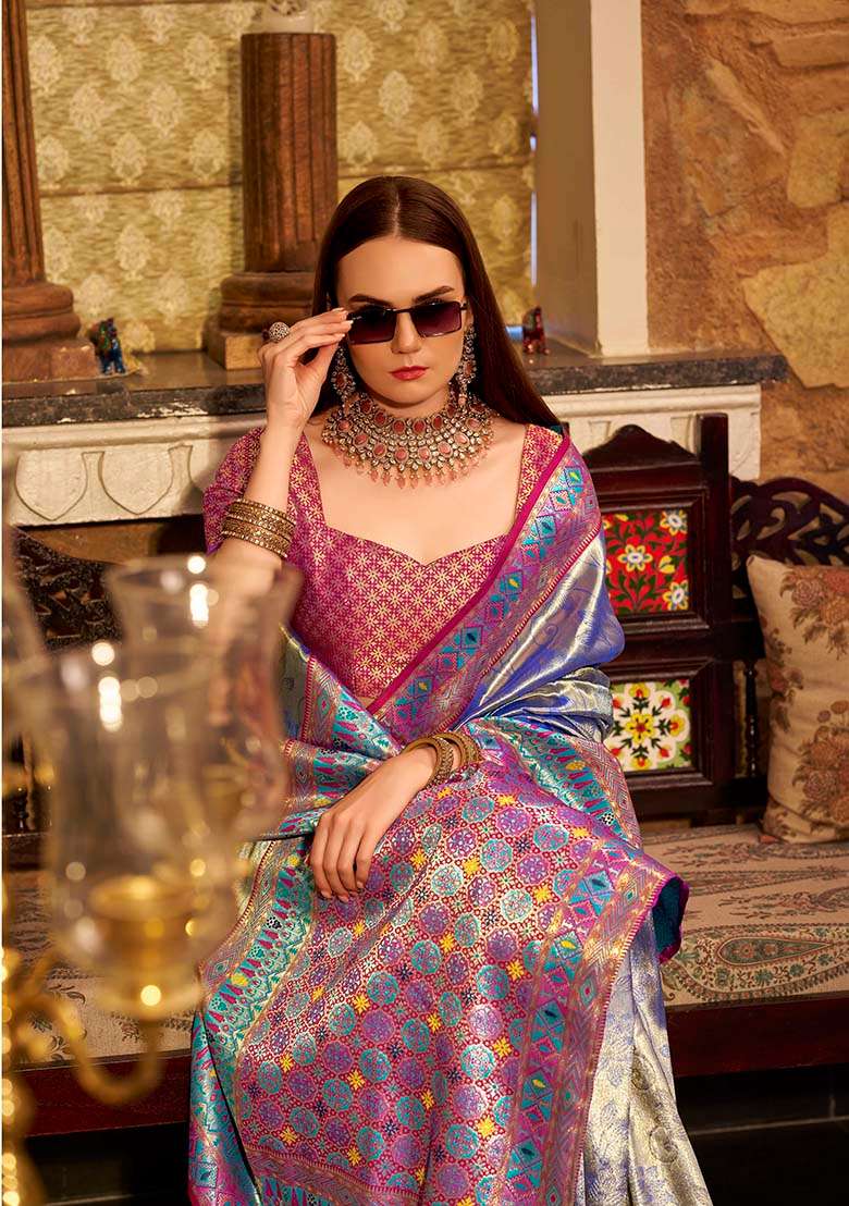 Blue Zari Woven Silk Saree Set - Indya